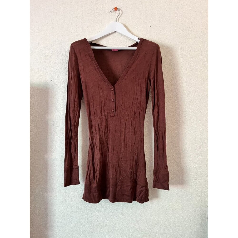 BCBGirls Long Sleeve Henley T-Shirt Tunic Top Medium Brown Wool Blend